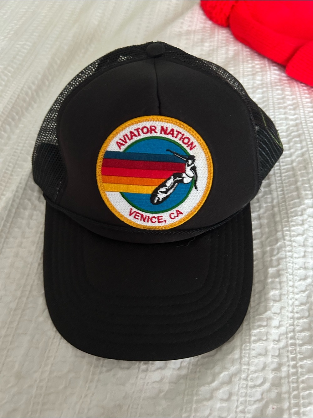 Aviator Nation Black Trucker Hat with Retro Stripe Venice Patch